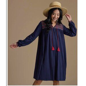 NWT DownEast Madeline Tassel Navy Blue Dress Women's Small Embroidered Loose